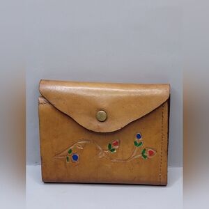 Vintage Hand Painted Made Leather Wallet Floral Folk Art Snap Closure
